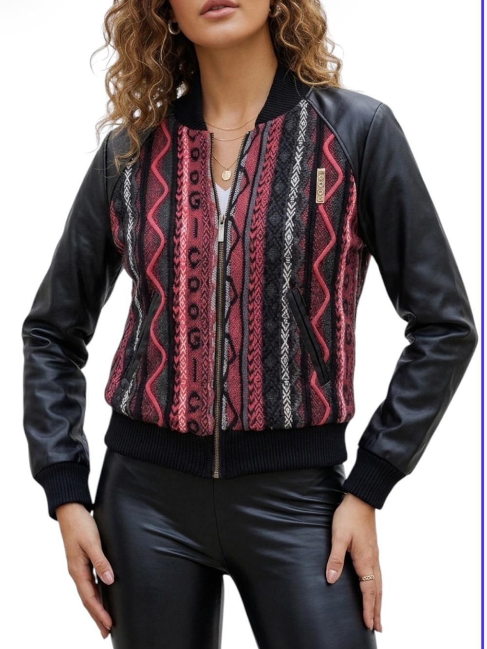 Vintage Coogi bomber jacket hot pink & black knit faux leather sleeves small